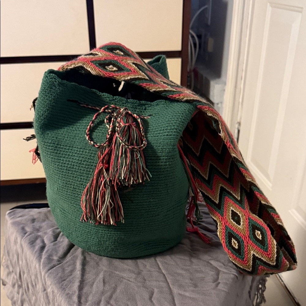 Handwoven Green Bucket Bag with Multicolor Strap